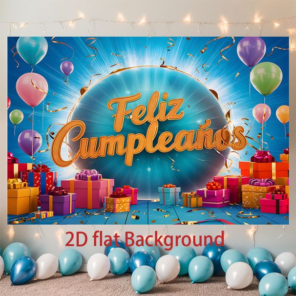 Spanish Happy Birthday Party Banner - Feliz Cumpleaños Design, 2D Flat Polyester Backdrop With Balloons, Gifts, Photo Props, Party Decor_maomaolike.com
