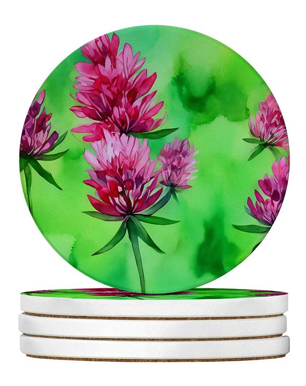 Vermont Red Clover In Watercolor Large Sandstone Coasters Pack Of 4 Absorbent Round Coasters Decor Gifts For Men Or Women, 4 In, Multicolor_maomaolike.com