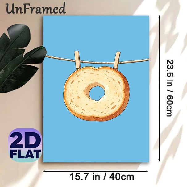 Bagel Themed Painting Poster, Whimsical Cartoon-style Bagel Clipped On Rope Poster, Playful Food-inspired Decor Ideal For Kitchen And Dining Area_maomaolike.com