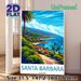 Santa Barbara Coastal Landscape Painting Poster, Bright Retro-style Seaside Scenery Poster, Tropical Coastal View With Palm Trees & Coastal Homes_maomaolike.com