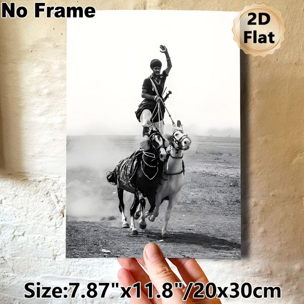 Traditional Equestrian Stunt Painting Poster, Monochrome Dynamic Rider-on-Two-Horses Scene Poster, Dramatic Vintage Art Suitable For Living Room_maomaolike.com