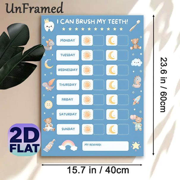Tooth Brushing Reward Chart Painting Poster, Soft Watercolor Cute Cartoon Tooth & Animal Themed Poster, Helps Maintain Consistent Tooth-brushing_maomaolike.com