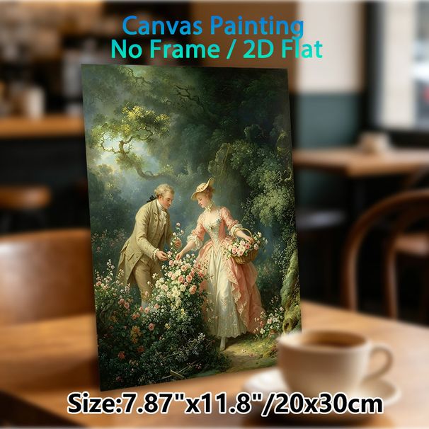 Vintage Aristocratic Couple Flower-picking Painting Poster, Elegant Rococo-style Pastoral Scene Poster, Soft-toned Romantic Artwork Ideal For Living_maomaolike.com