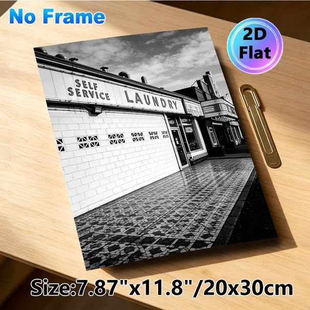 Vintage Self Service Laundry Storefront Painting Poster, Monochrome Retro Urban Street Scene Poster, Nostalgic Aesthetic Decor Ideal For Home, Café_maomaolike.com