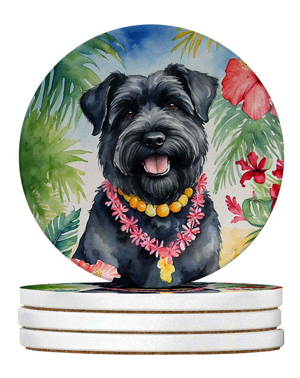 Bouvier Des Flandres Luau Large Sandstone Coasters Pack Of 4 Absorbent Round Coasters Decor Gifts For Men Or Women, 4 In, Multicolor_maomaolike.com