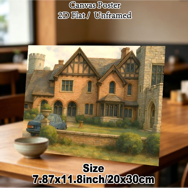 Vintage English Manor Painting Poster, Warm-toned Watercolor-style Classic Manor With Vintage Car Poster, Brings Nostalgic Rural Charm, Ideal Decor_maomaolike.com