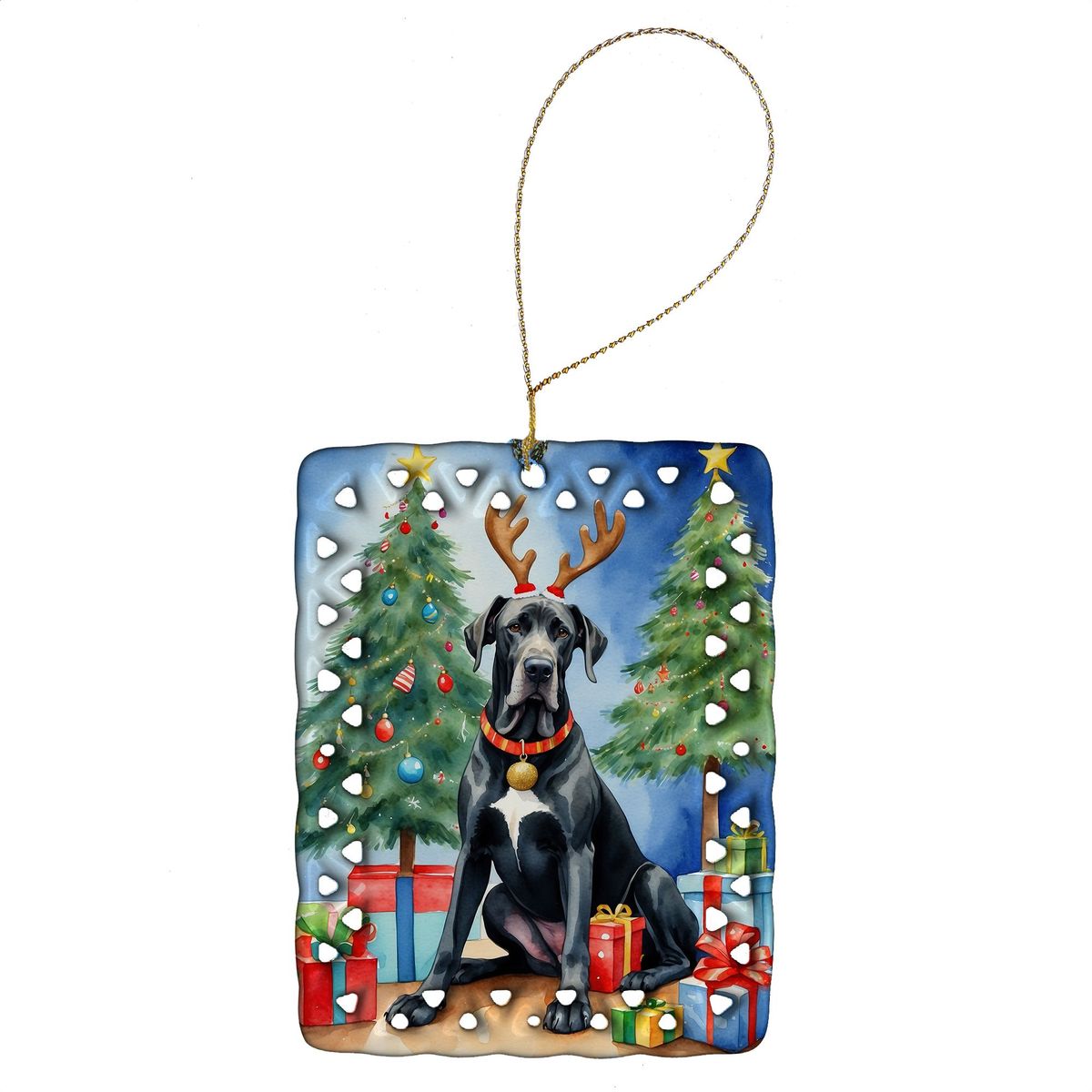 Black Great Dane Christmas Reindeer Porcelain Ornament Christmas Tree Hanging Decorations For Home Christmas Holiday, Rectangle, Gift, Multicolor_maomaolike.com