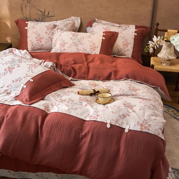 Wholesale INS Chinese Style Pastoral Soft Jacquard Double Layer Gauze 4-Piece Patchwork Pure Cotton Floral Four-Piece Set_maomaolike.com