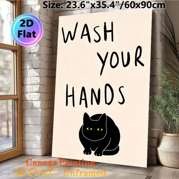 Black Cat & Wash Your Hands Themed Painting Poster, Minimalist Cute Black Cat & Text Art Poster, Gentle Hygiene Reminder Ideal For Bathroom, Restroom_maomaolike.com