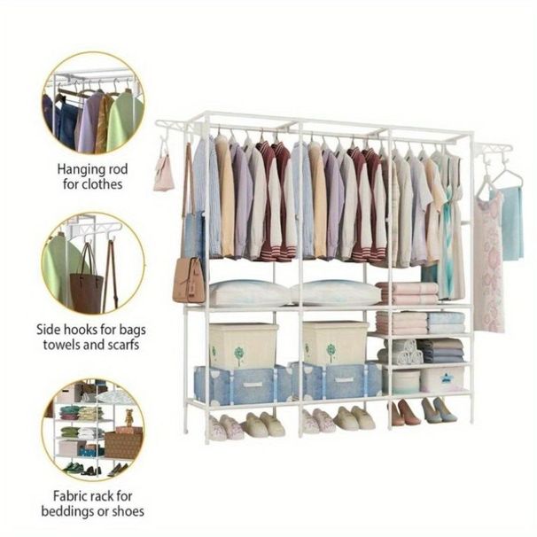 67×65×13.7 In Spacious Triple - Row Black/White Metal Clothes Rack With Drying Area - Stylish Floor - Standing Organizer For Bedroom, With Shoe & Accessory Space, Made Of Durable Plastic_maomaolike.com