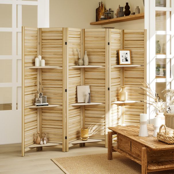 6 Panel 67" Tall Wood Privacy Screen Room Divider With 3 Shelves And Folding Storage For Bedroom, Natural Wood_maomaolike.com