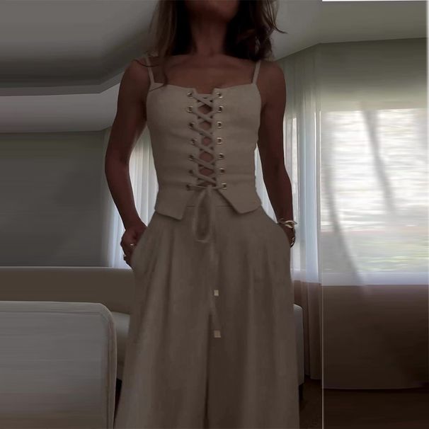 Women's Clothing pure desire sexy hollow strap top casual wide leg pants suit_maomaolike.com