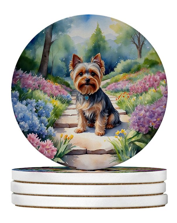 Yorkshire Terrier Spring Path Large Sandstone Coasters Pack Of 4 Absorbent Round Coasters Decor Gifts For Men Or Women, 4 In, Multicolor_maomaolike.com