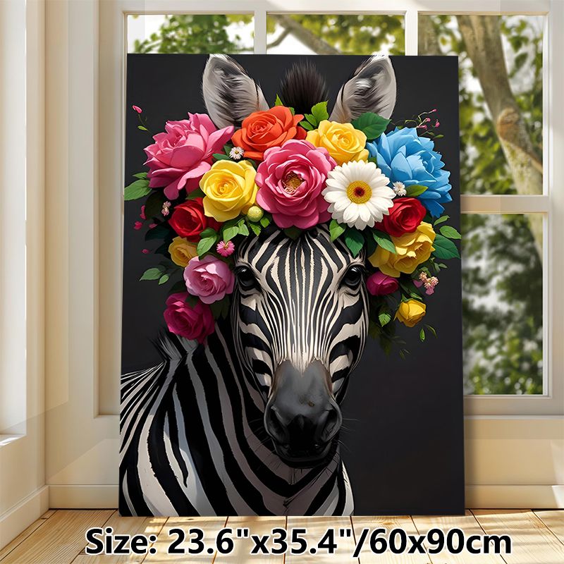 Floral Zebra Painting Poster, Vibrant Realistic Zebra With Colorful Flower Crown Poster, Eye-catching Decorative Artwork Ideal For Living Room_maomaolike.com