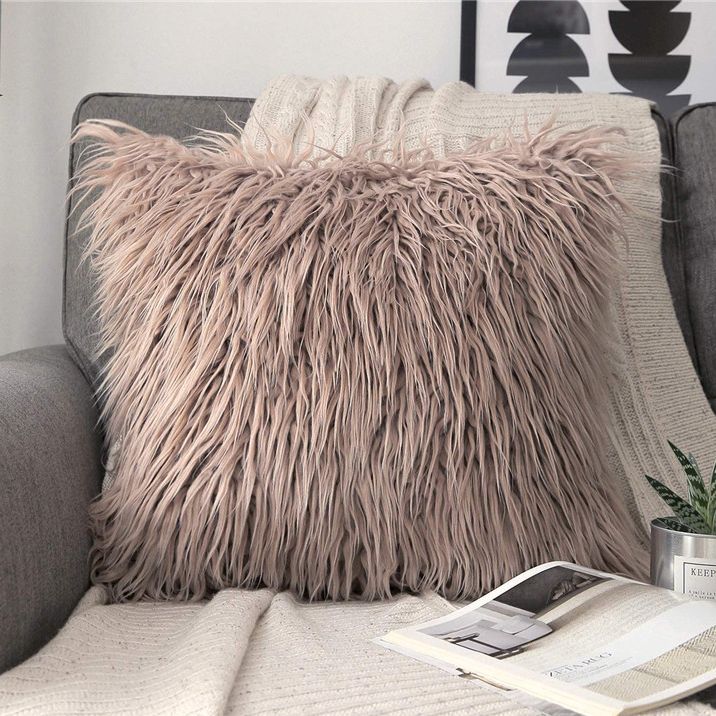 Home Garden Wool Plush Car Decorative Pillow Sofa Cushion Solid Color Long Hair Pillowcase_maomaolike.com
