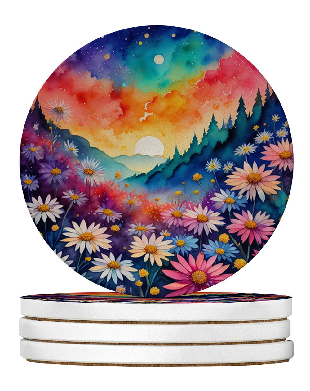 Colorful Asters Large Sandstone Coasters Pack Of 4 Absorbent Round Coasters Decor Gifts For Men Or Women, 4 In, Multicolor_maomaolike.com