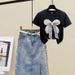 Women's Clothing new slim fit bow short sleeve + hot diamond split denim skirt ins_maomaolike.com