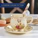 1 Set Tea Cup And Saucer Set, 8 Oz Tea Cup Set, Teacup, Ceramic Cup With Saucer Spoon, Vintage Ivory Flowering Shrubs With Gold Leaves Trim_maomaolike.com