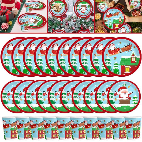 30Pcs Christmas Party Tableware Set 7 And 9 Inch Elk Claus Paper Plates 3.5 Inch Paper Cup Cute Xmas Disposable Cups For Xmas Holiday Dinner Supplies_maomaolike.com
