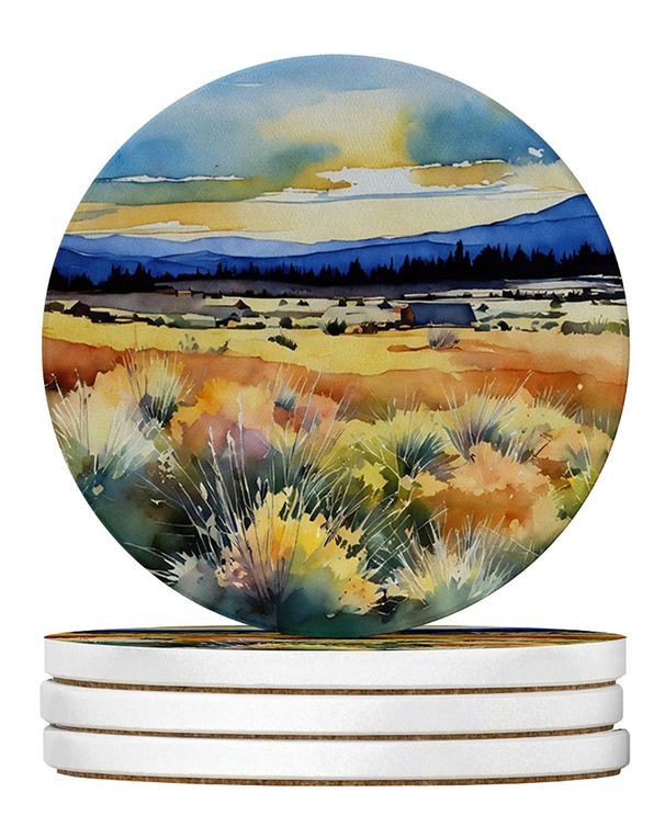 Nevada Sagebrush In Watercolor Large Sandstone Coasters Pack Of 4 Absorbent Round Coasters Decor Gifts For Men Or Women, 4 In, Multicolor_maomaolike.com