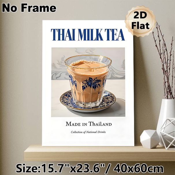 Thai Milk Tea Painting Poster, Vintage-style Elegant Blue-Patterned Glass Of Creamy Thai Milk Tea Poster, Brings Exotic Culinary Charm, Suitable For_maomaolike.com