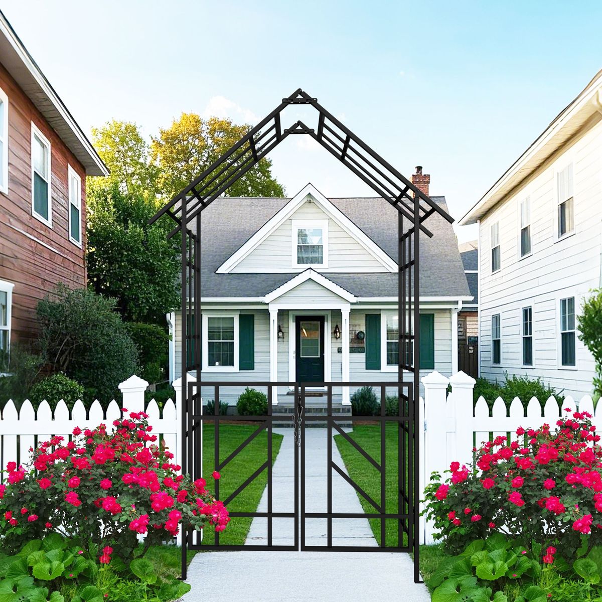 Metal Garden Arch With Gate W58.07*H97.24 Climbing Plants Support Rose Arch Outdoor Black_maomaolike.com
