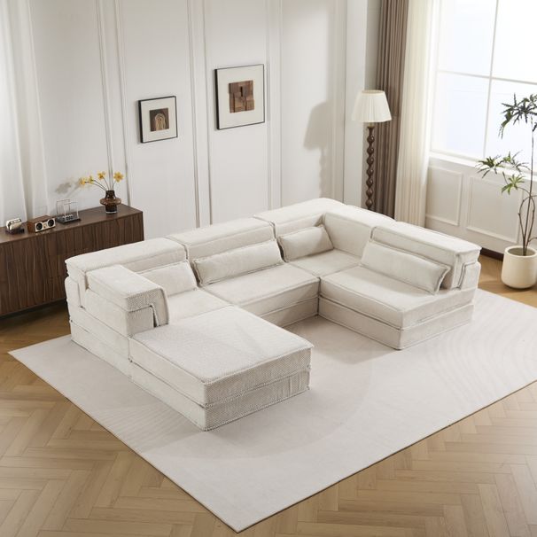 Compression Mahjong Sofa,Convertible Floor Sofa Bed,DIY Boneless Modular Sectional Sofa,No Assembly Required,Circle Fleece Fabric,Oversized 4 Seater With 1 Ottoman,White_maomaolike.com