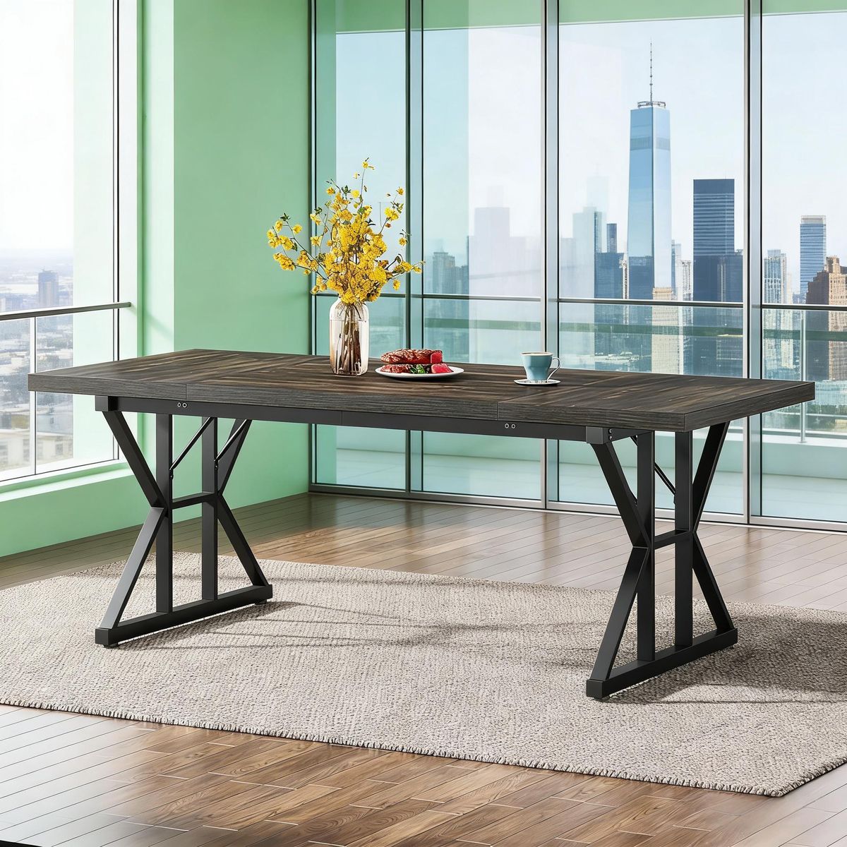 Wood Dining Table, Farmhouse 70.8" Kitchen Table For 6 People_maomaolike.com