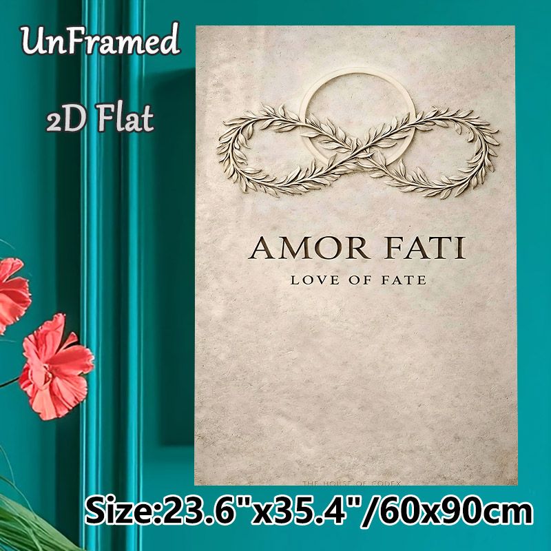 Amor Fati Themed Painting Poster, Vintage Embossed Laurel Wreath & Text Art Poster, Sophisticated Philosophical Wall Decor For Living Room, Study_maomaolike.com