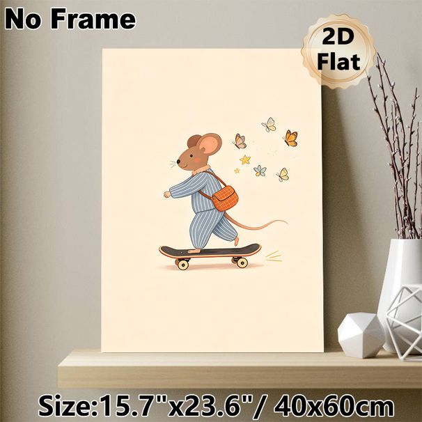 Skateboarding Mouse Painting Poster, Warm-toned Cute Cartoon Poster, Playful Design Of Mouse In Striped Outfit On Skateboard With Butterflies, Brings_maomaolike.com