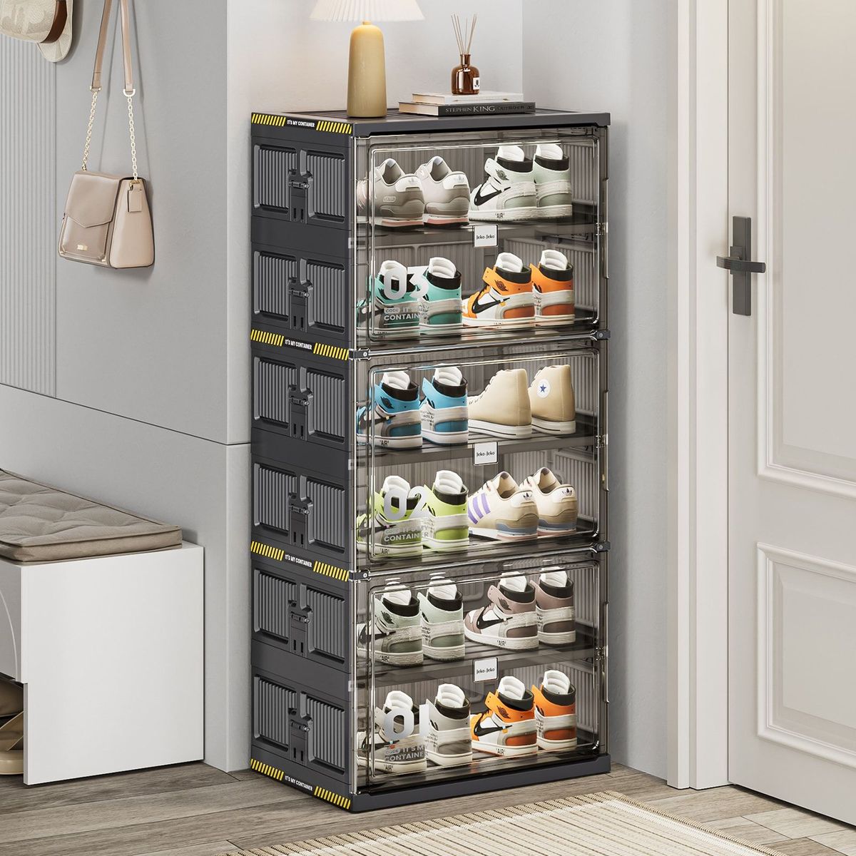 6 Tiers 12 Pairs Hard Plastic Shoe Storage Organizer Cabinet For Entryway, Large Stackable Collapsible Sneaker Shoe Box Organizer For Closet, Portable Folding Shoe Cabinet With Doors, Black_maomaolike.com