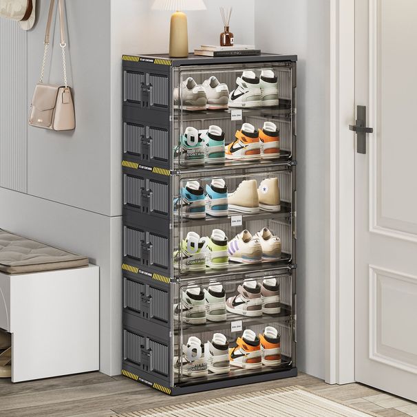6 Tiers 12 Pairs Hard Plastic Shoe Storage Organizer Cabinet For Entryway, Large Stackable Collapsible Sneaker Shoe Box Organizer For Closet, Portable Folding Shoe Cabinet With Doors, Black_maomaolike.com