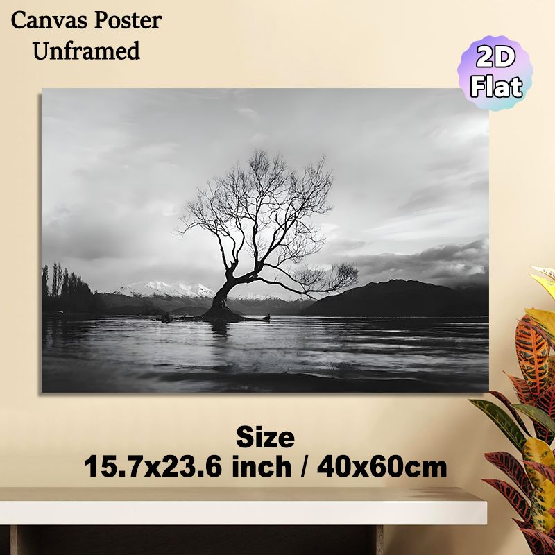 Lonely Lake Tree Painting Poster, Monochrome Minimalist Landscape Poster, Serene Bare Tree In Lake With Snow-capped Mountains Backdrop, Calming Wall_maomaolike.com