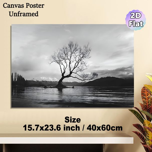 Lonely Lake Tree Painting Poster, Monochrome Minimalist Landscape Poster, Serene Bare Tree In Lake With Snow-capped Mountains Backdrop, Calming Wall_maomaolike.com