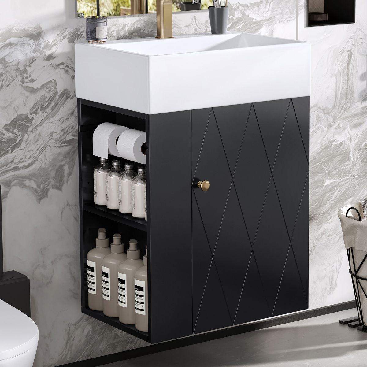 20 Inch Bathroom Vanity With Ceramic Sink, Diamond Pattern Door Design, Gold Handle & Side Storage Shelves Modern Small Space Cabinet With Towel Bar, MDF Construction, Assembly Required_maomaolike.com