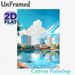 Waterfront City Skyline Painting Poster, Vibrant Flat-style Urban Scene Poster, Peaceful Lakeside City View With Clear Reflections, Suitable For Home_maomaolike.com