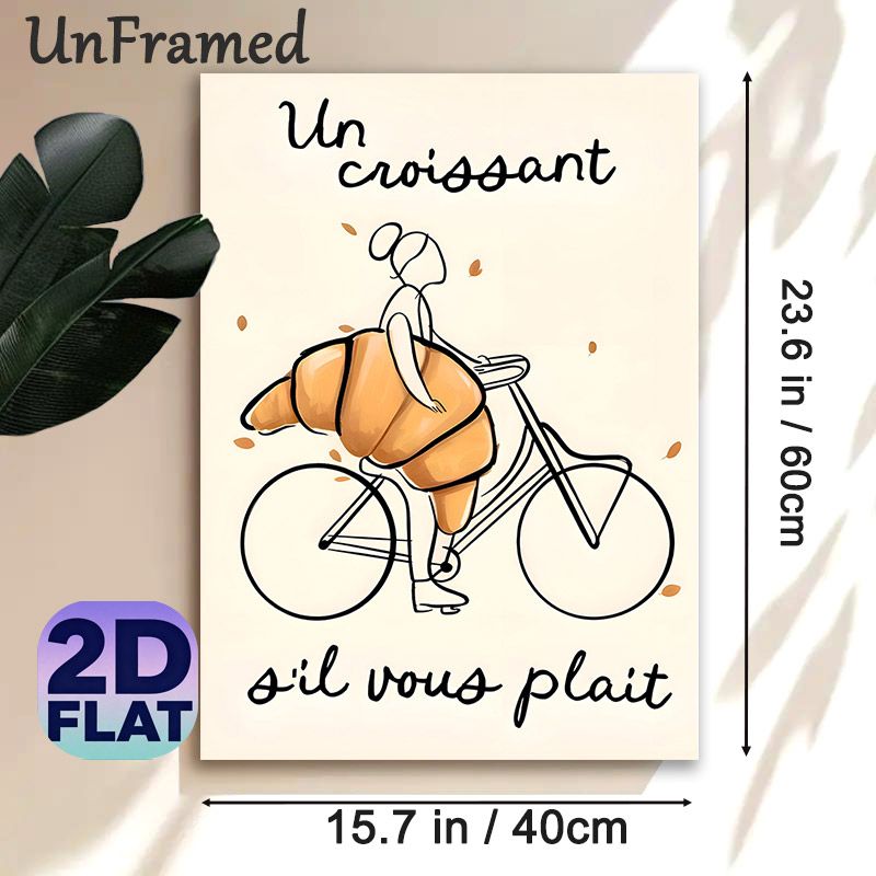 Croissant & Bicycle Themed Painting Poster, Whimsical Minimalist Line Art Poster, Playful Design With French Text And Oversized Croissant_maomaolike.com