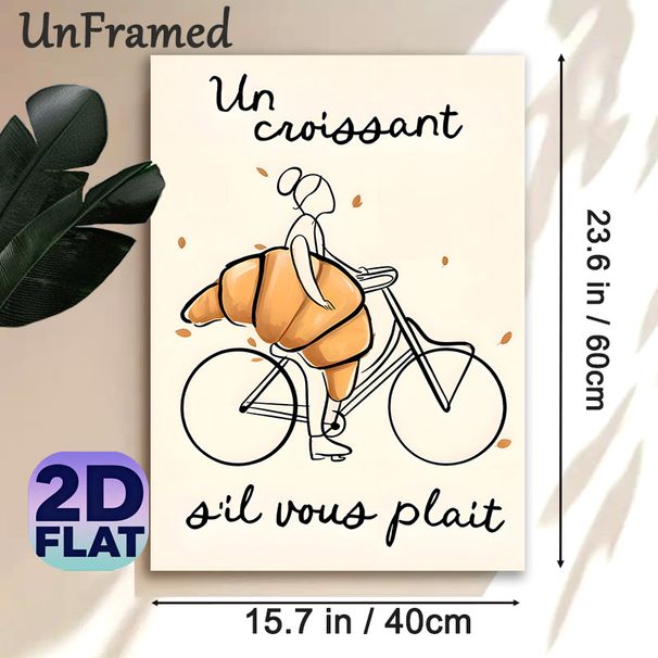 Croissant & Bicycle Themed Painting Poster, Whimsical Minimalist Line Art Poster, Playful Design With French Text And Oversized Croissant_maomaolike.com
