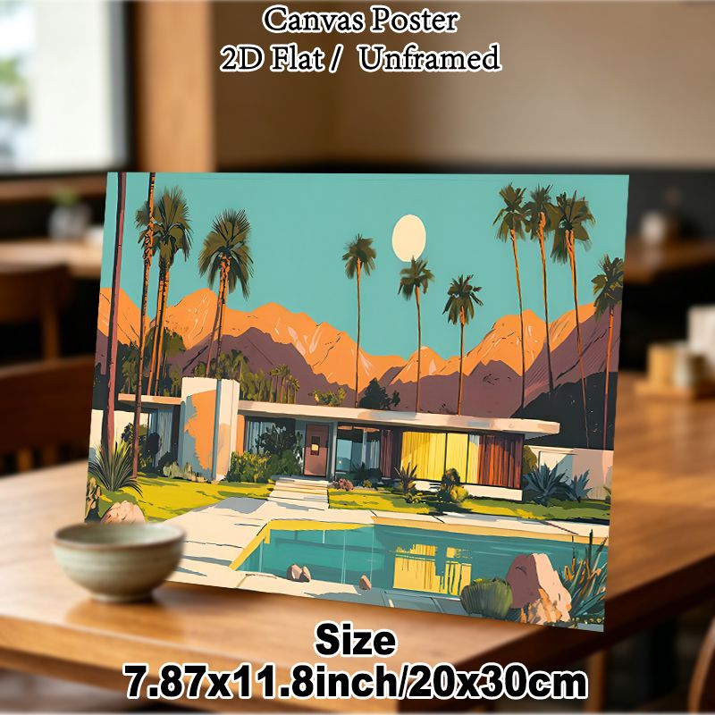 Mid-Century Modern Villa With Pool Painting Poster, Vibrant Retro Desert Landscape Poster, Calm Scenic Decor Ideal For Living Room, Bedroom And Lounge_maomaolike.com