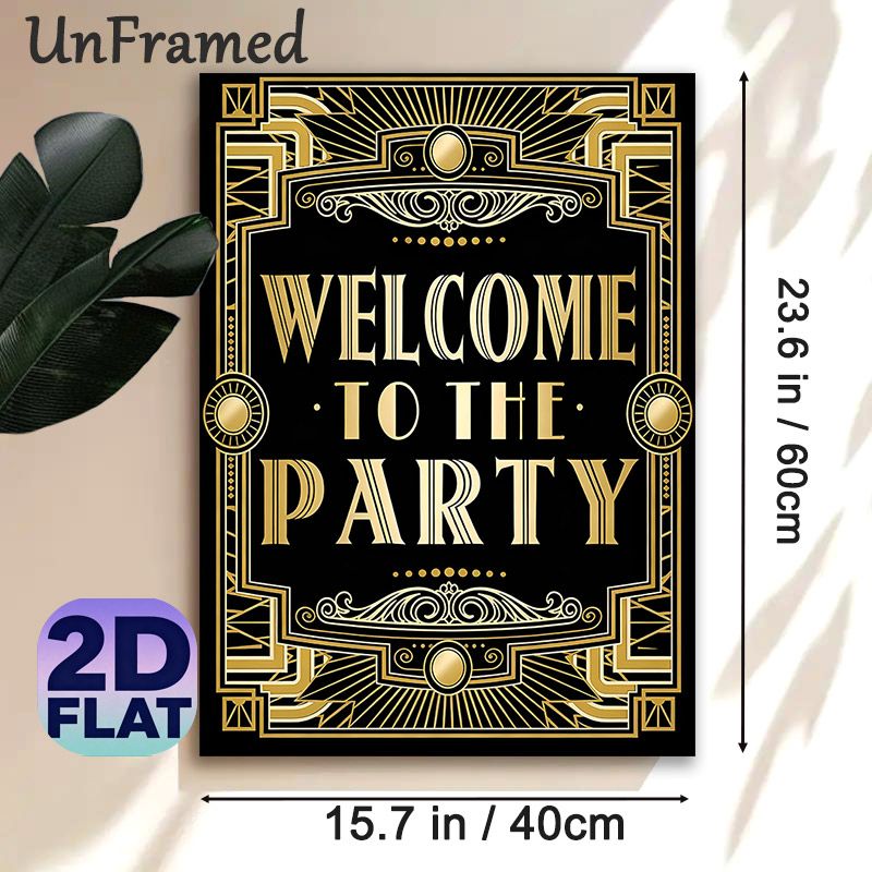 Art Deco Welcome Party Painting Poster, Luxury Gold & Black Vintage Ornate Style Poster, Elegant Party Greeting Decor Ideal For Party Venues And_maomaolike.com