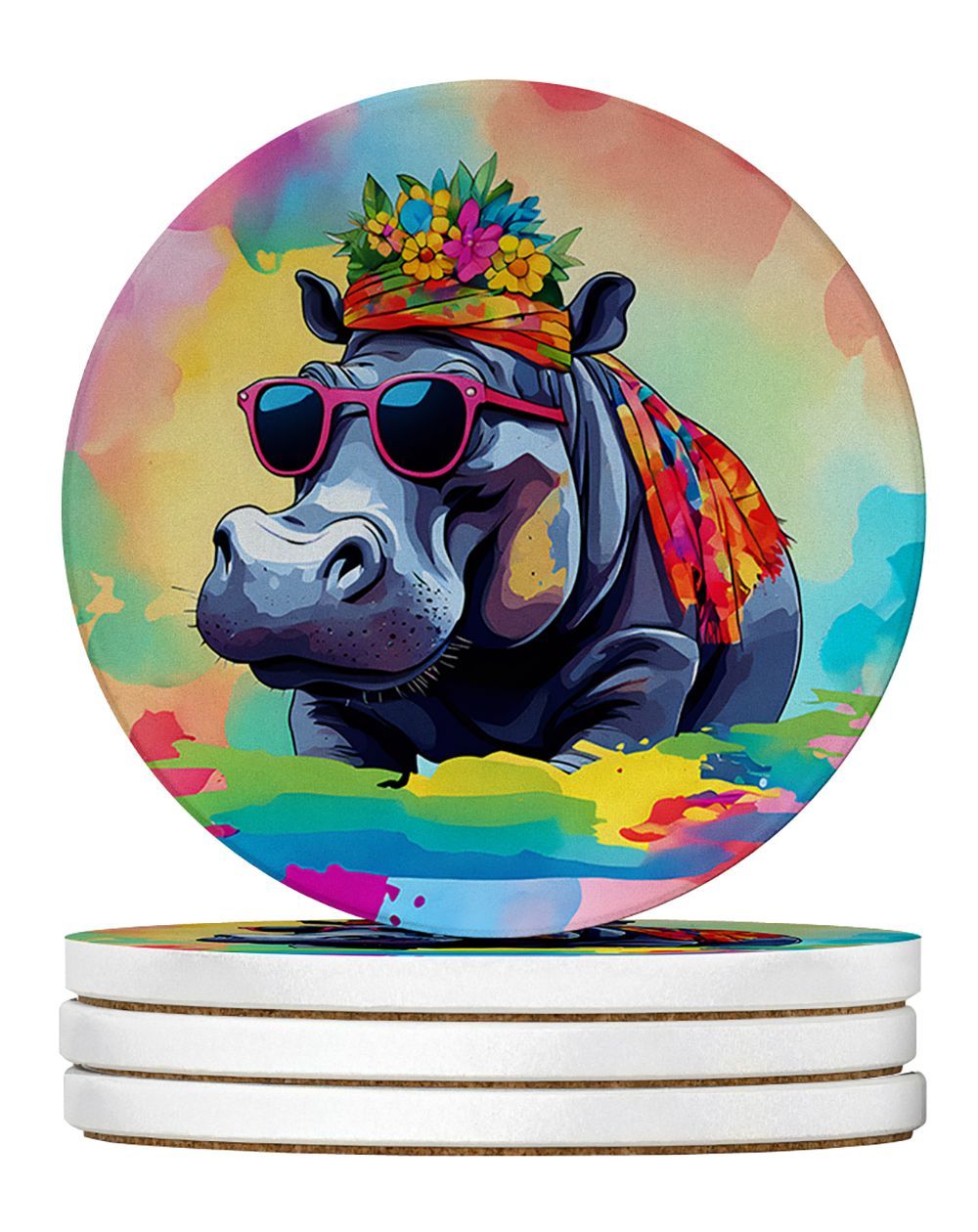 Hippie Animal Hippopotamus Large Sandstone Coasters Pack Of 4 Absorbent Round Coasters Decor Gifts For Men Or Women, 4 In, Multicolor_maomaolike.com