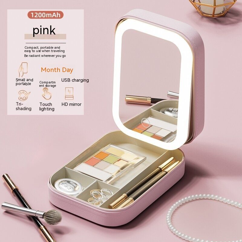 With LED Mirror Portable Travel Makeup Cosmetics Box Touch Light Storage Organizer_maomaolike.com
