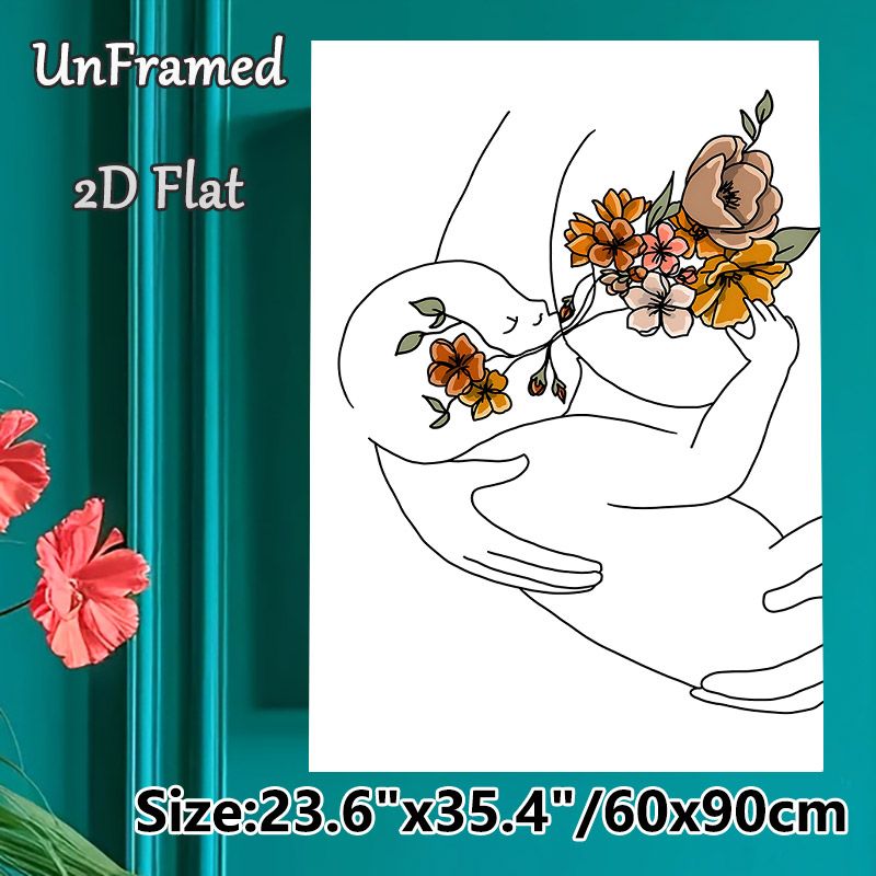 Floral Embracing Figure Painting Poster, Minimalist Line Art Poster, Warm-toned Blooming Floral Adorned Embracing Figure, Gentle Artistic Decor Ideal_maomaolike.com