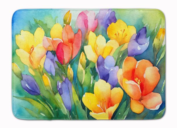 Freesias In Watercolor Memory Foam Kitchen Mat Machine Washable Anti-Fatigue Mat Cushion Comfort Bath Mat Or Kitchen Rug_maomaolike.com