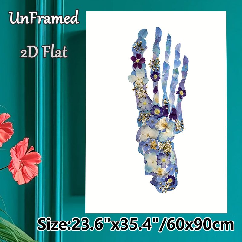 Pressed Floral Skeleton Hand Painting Poster, Delicate Blue & Purple Pressed Floral Skeleton Hand Poster, Unique Artistic Decor For Living Room_maomaolike.com
