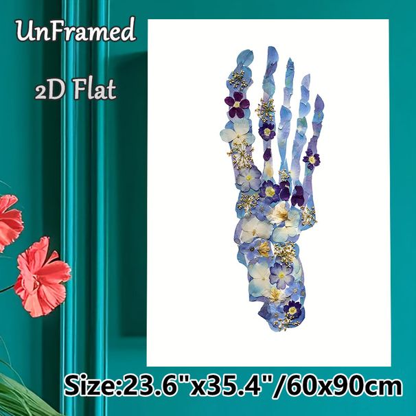 Pressed Floral Skeleton Hand Painting Poster, Delicate Blue & Purple Pressed Floral Skeleton Hand Poster, Unique Artistic Decor For Living Room_maomaolike.com