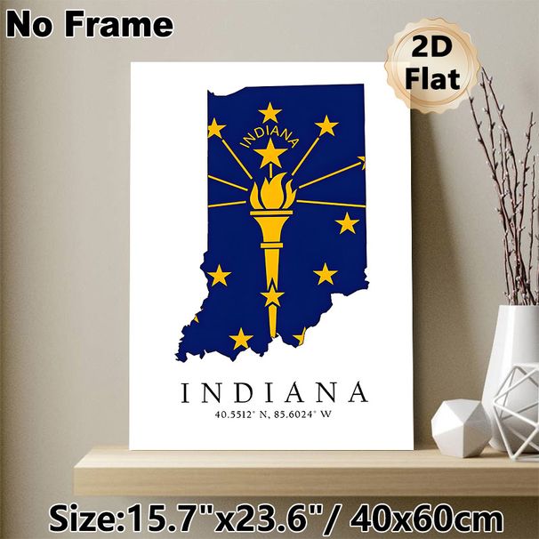 Indiana State Flag Map Painting Poster, Bold Blue & Gold Graphic Poster, Features State Outline With Torch And Stars, Ideal For Home Or Office Wall_maomaolike.com