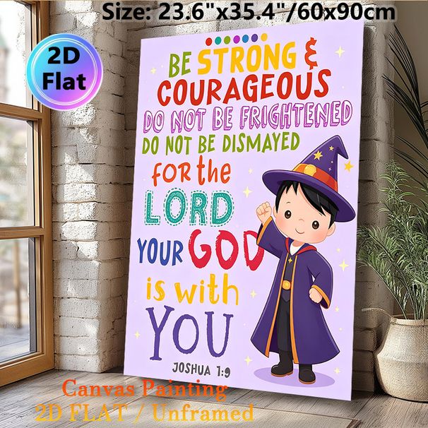 Bible Verse Joshua 1:9 Painting Poster, Vibrant Cartoon Wizard Themed Poster, Uplifting Encouraging Message Suitable For Bedroom, Living Room_maomaolike.com