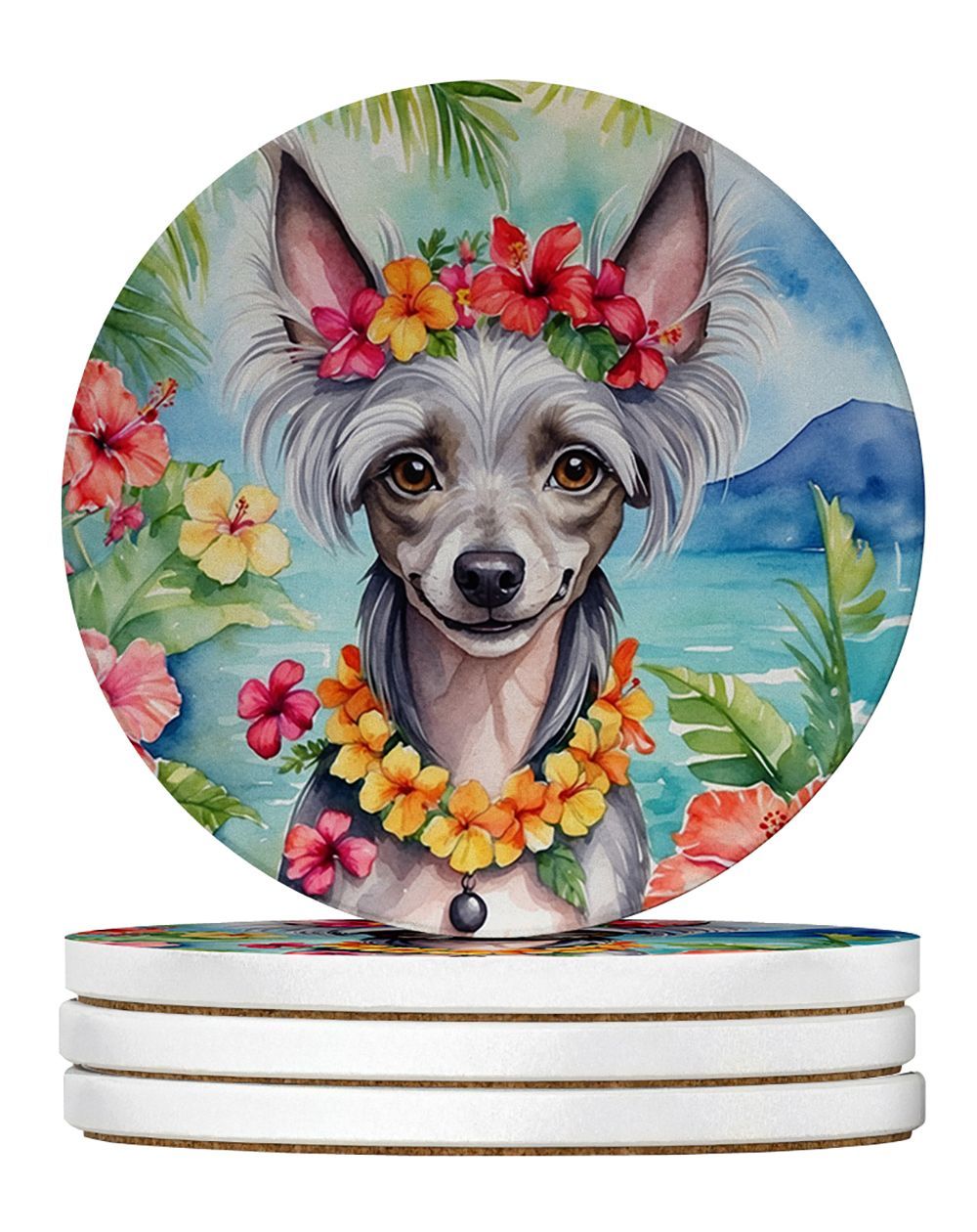 Chinese Crested Luau Large Sandstone Coasters Pack Of 4 Absorbent Round Coasters Decor Gifts For Men Or Women, 4 In, Multicolor_maomaolike.com