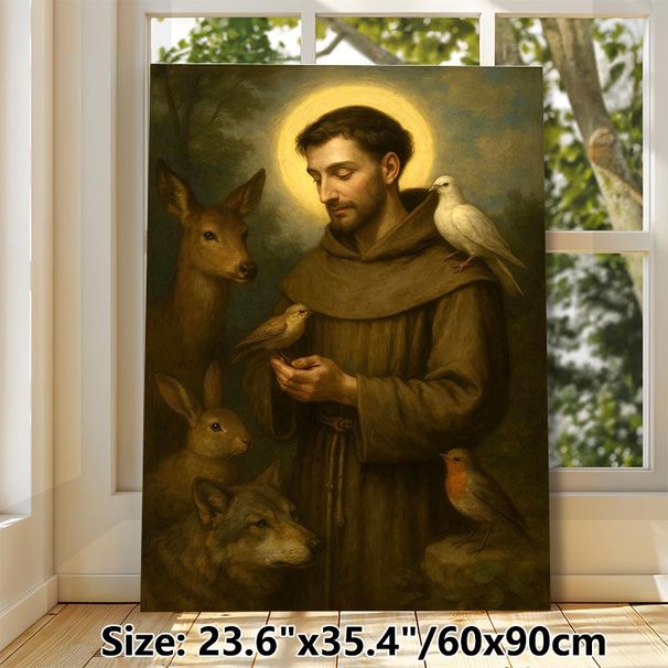 Saint Francis With Wildlife Painting Poster, Classic Oil Painting Style Poster, Peaceful Spiritual Artwork Featuring Saint Surrounded By Gentle Forest_maomaolike.com
